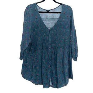 Torrid Womens  4 Blue & Red Peasant Style Blouse W/ Button Front